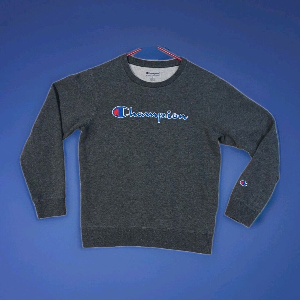 Champion Sweater Youth Large L Gray Blue Pullover Sweatshirt Embroidered Boys - Picture 2 of 5